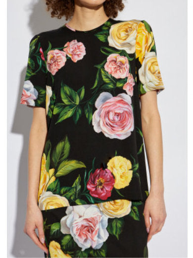 Black Silk Top and Pant Set featuring a vibrant Multicolor Rose Print design
