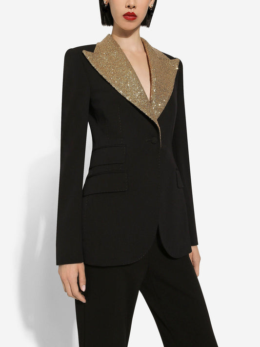 Black Single Breasted Blazer with Gold Sequin Collar - Jackets