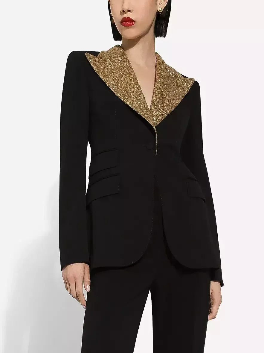 Black Single Breasted Blazer with Gold Sequin Collar - Jackets