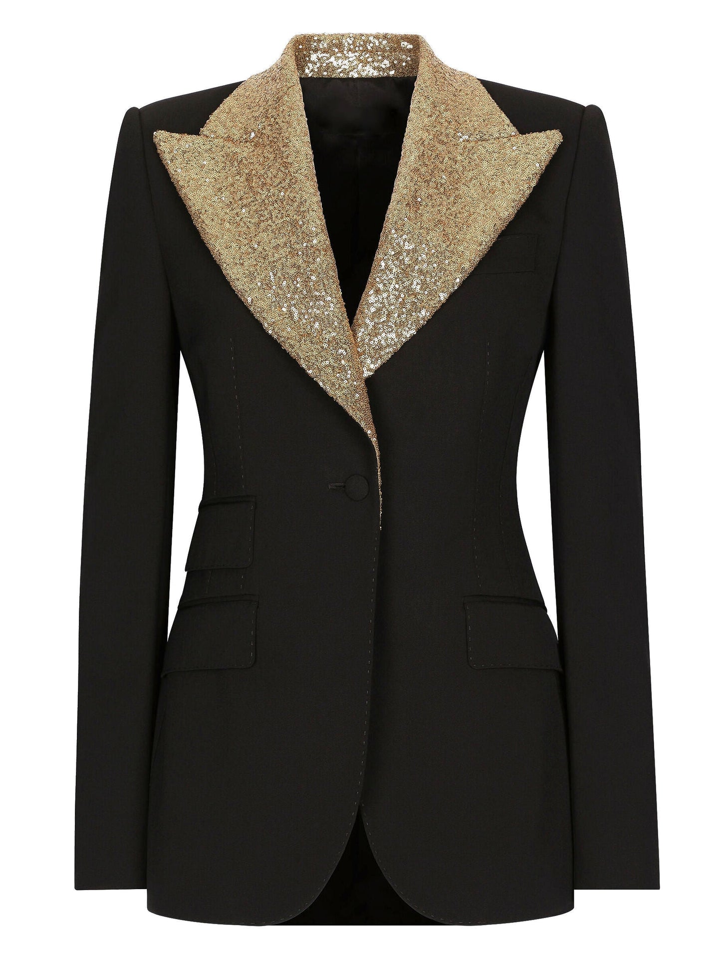 Black Single Breasted Blazer with Gold Sequin Collar - Jackets