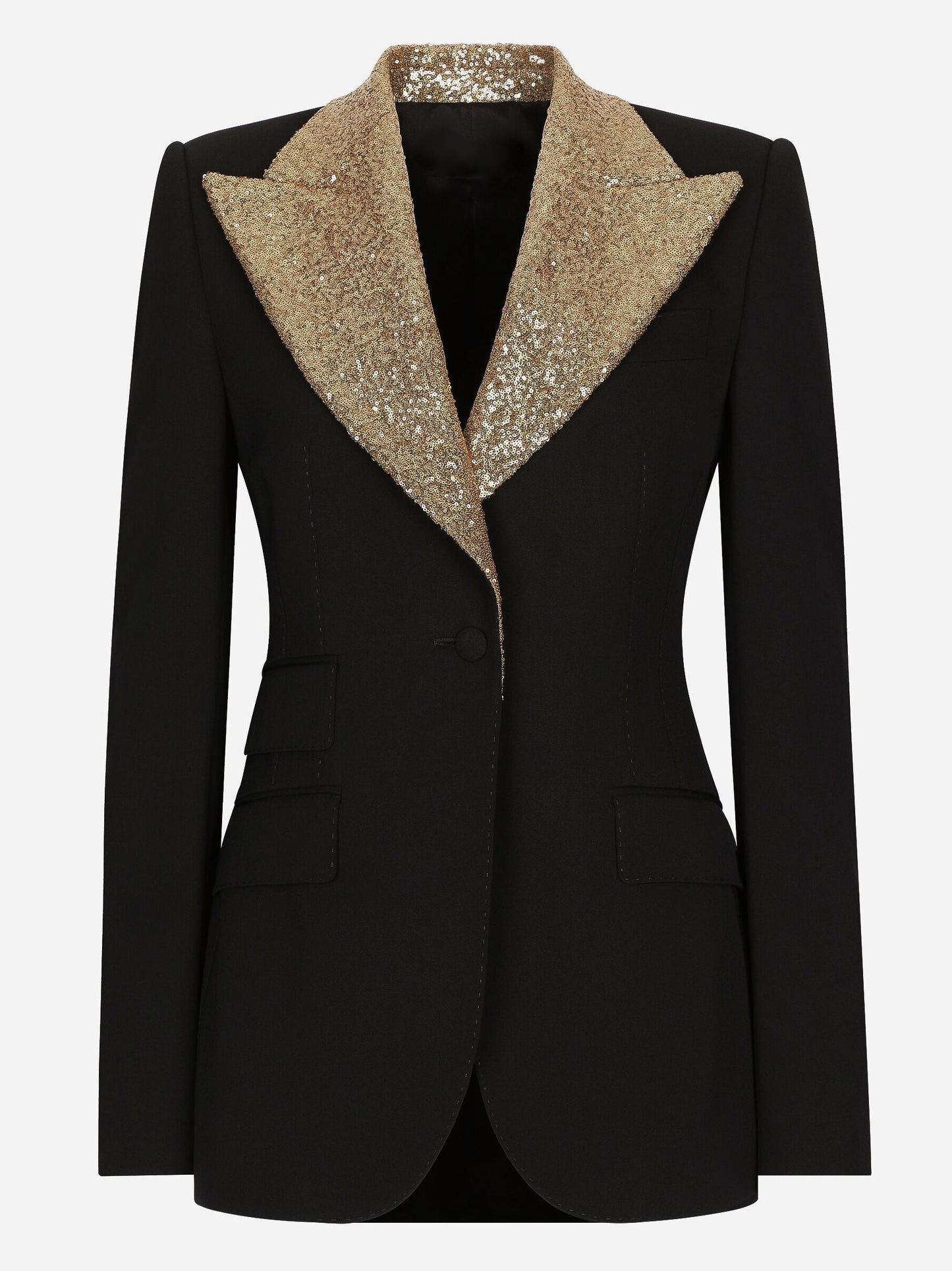 Black Single Breasted Blazer with Gold Sequin Collar - Jackets