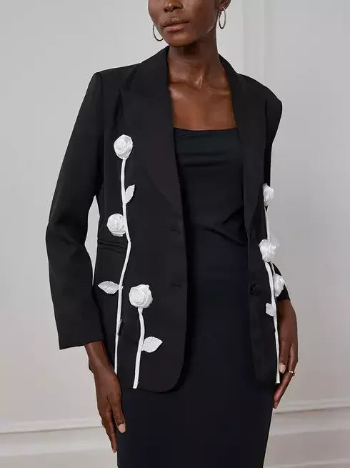 Black Single-Breasted Blazer with White Floral Appliques - Jackets