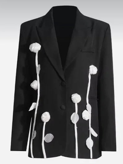 Black Single-Breasted Blazer with White Floral Appliques - Jackets