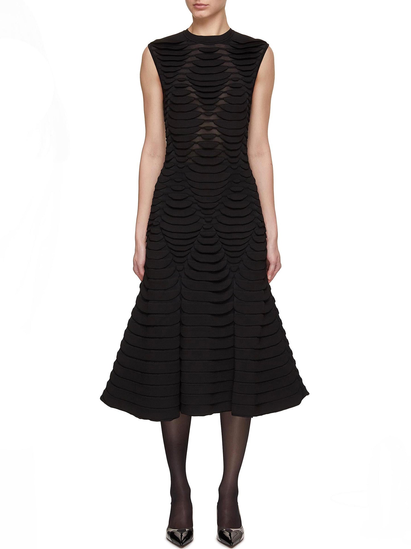 Black Snake-Effect Knit High-Neck Sleeveless Midi Dress - Dresses