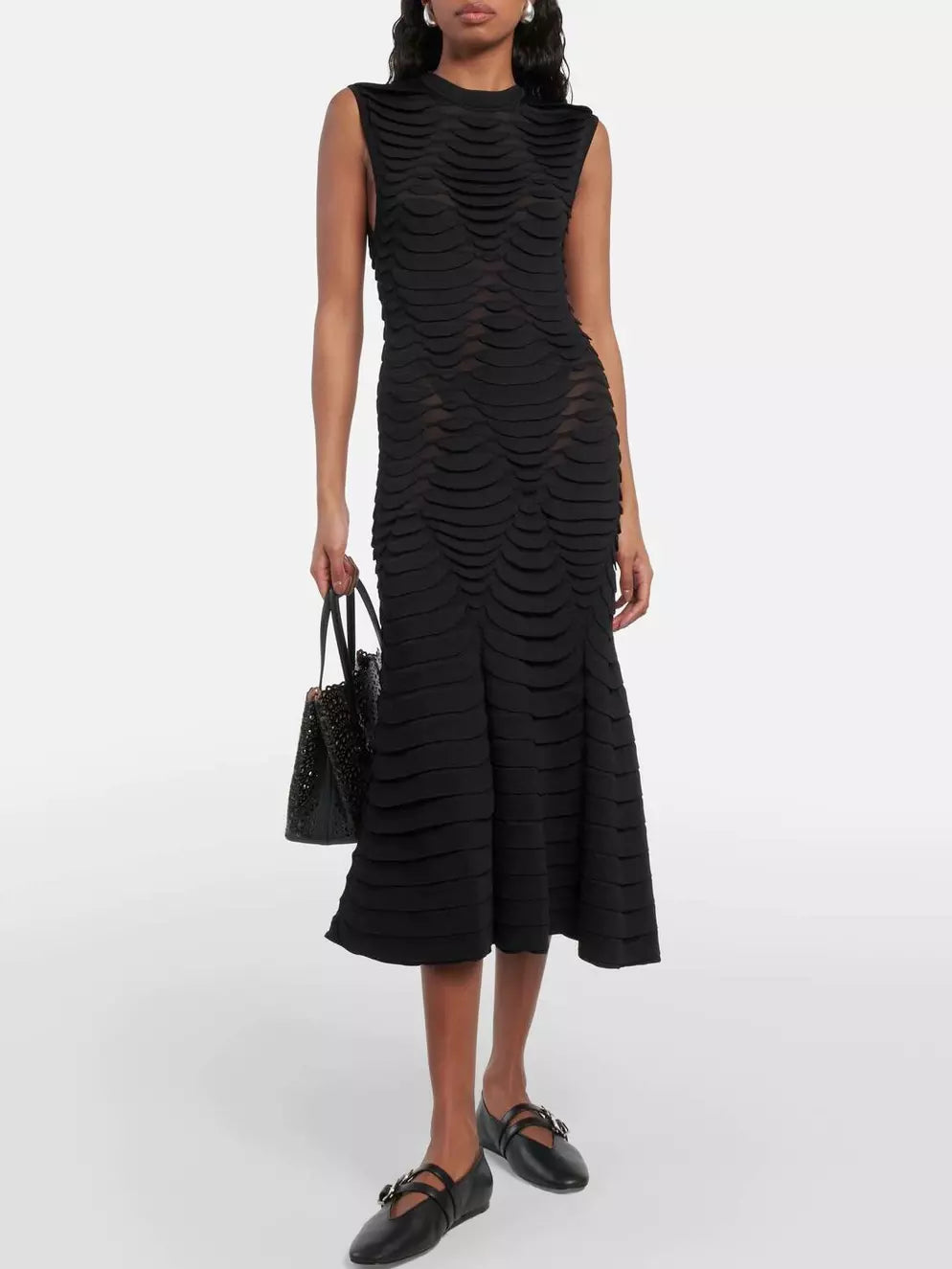 Black Snake-Effect Knit High-Neck Sleeveless Midi Dress - Dresses