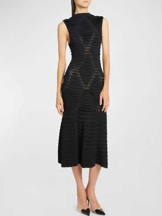 Black Snake-Effect Knit High-Neck Sleeveless Midi Dress - Dresses