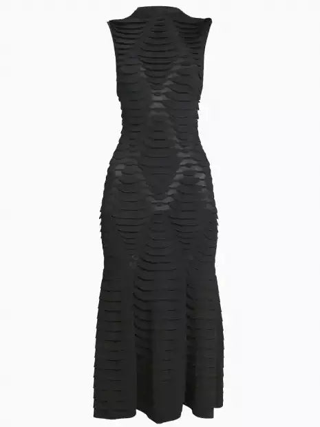 Black Snake-Effect Knit High-Neck Sleeveless Midi Dress - Dresses