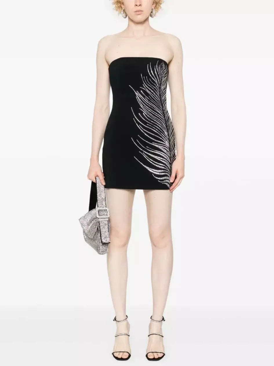 Black Strapless Beaded Feather-Embellished Mini Dress - Dresses
