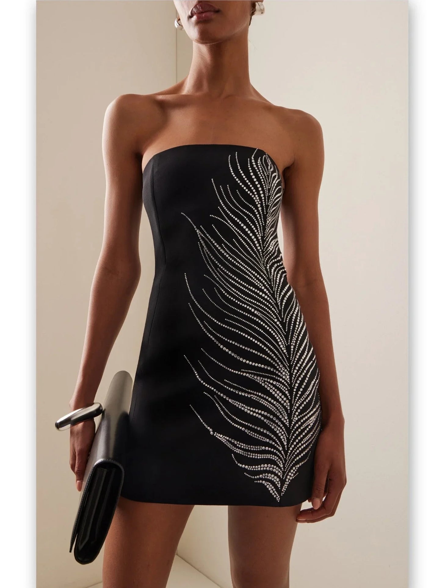 Black Strapless Beaded Feather-Embellished Mini Dress - Dresses