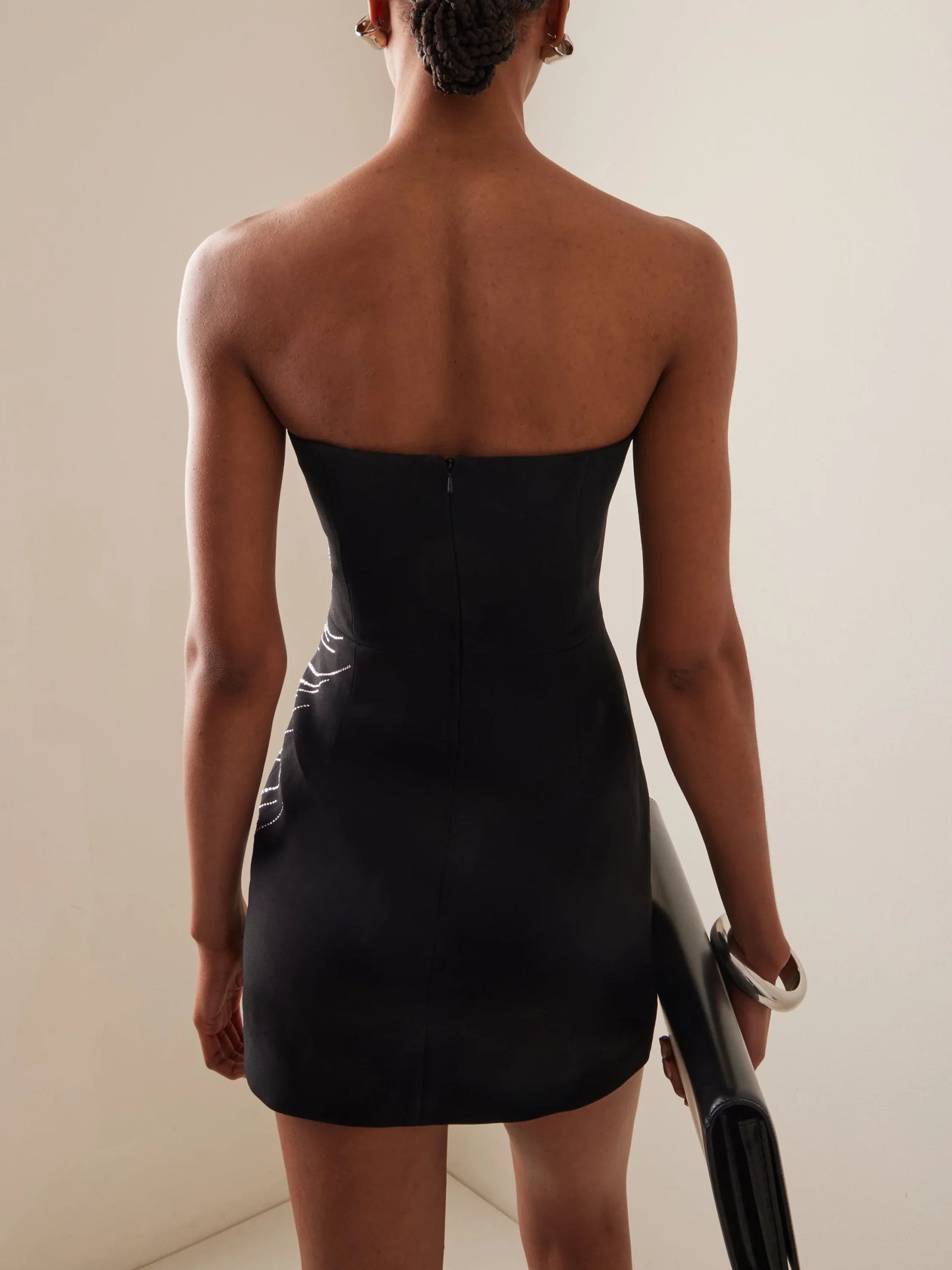 Black Strapless Beaded Feather-Embellished Mini Dress - Dresses
