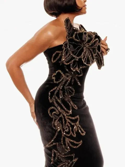 Black Strapless Long Gown with Gold Sequin Floral Appliques - Dresses