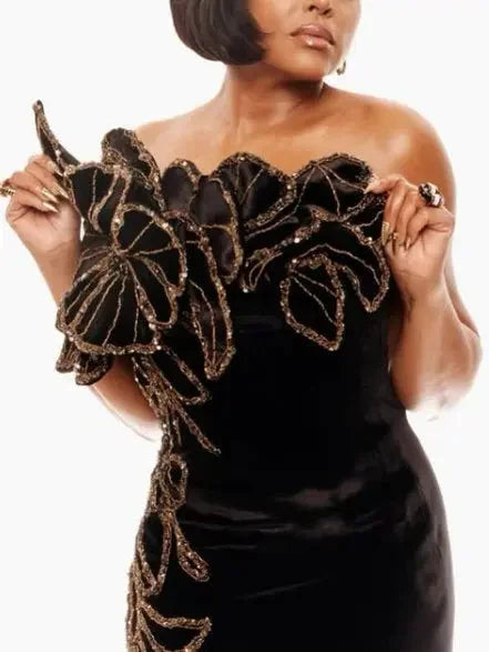 Black Strapless Long Gown with Gold Sequin Floral Appliques - Dresses