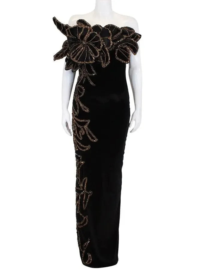 Black Strapless Long Gown with Gold Sequin Floral Appliques - Dresses