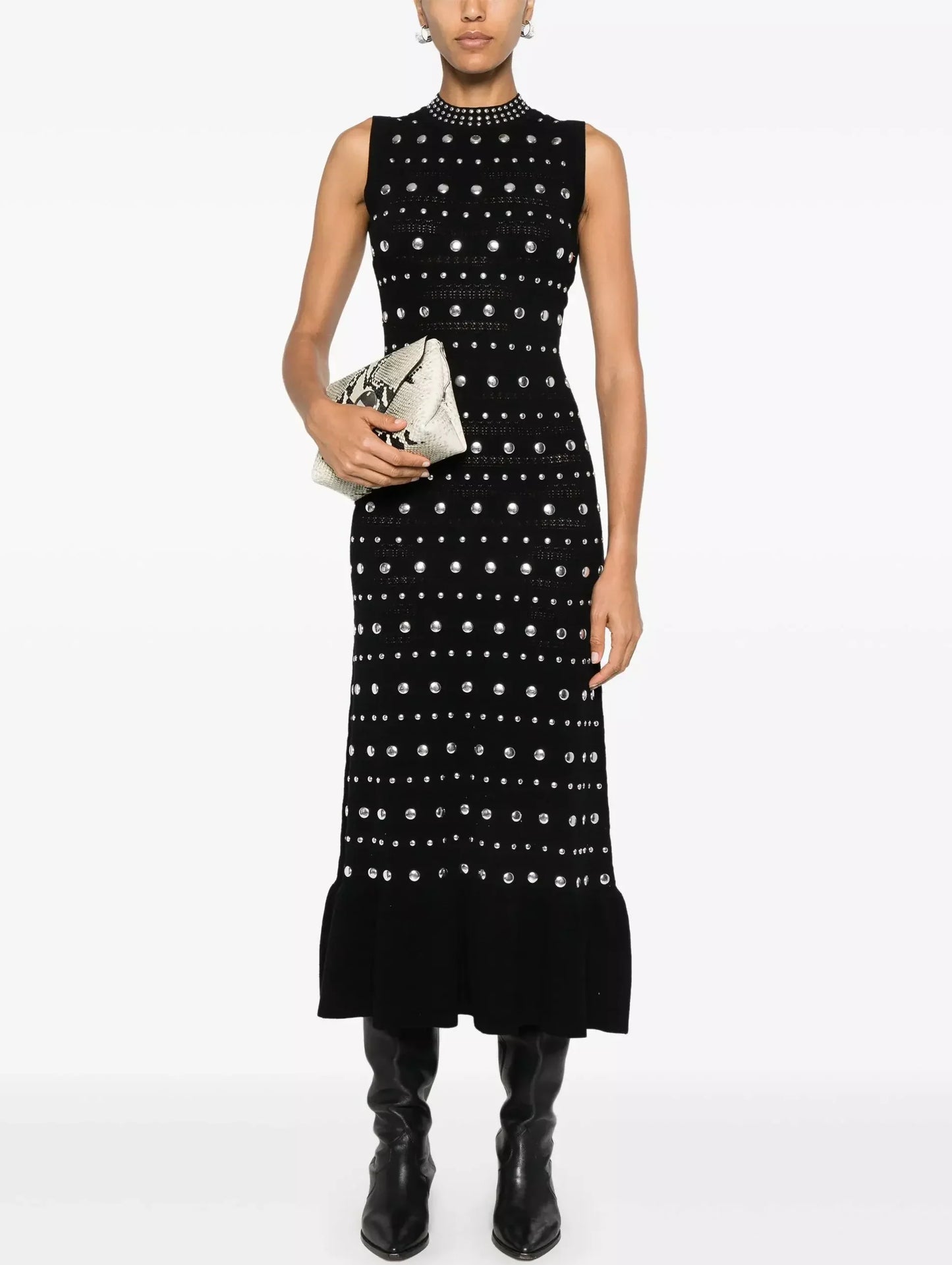 Black Stretch Knit Stud-Embellished Dress - Dresses