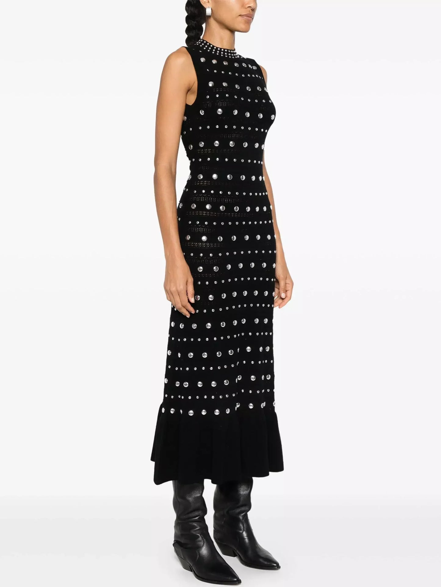 Black Stretch Knit Stud-Embellished Dress - Dresses