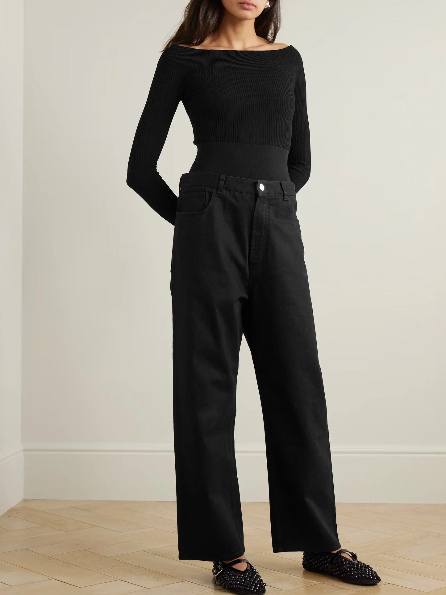 Black Stretch Knit-Trim Jeans - Jeans & Pants