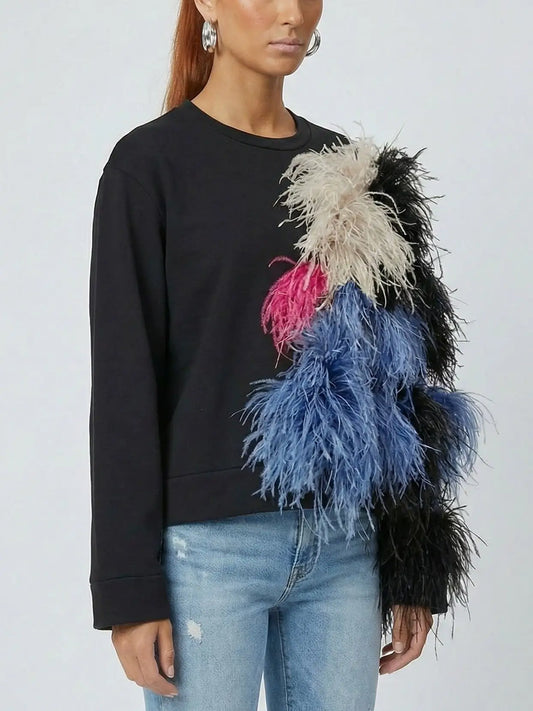 Black Sweatshirt with Ostrich Feather Detail - Tops