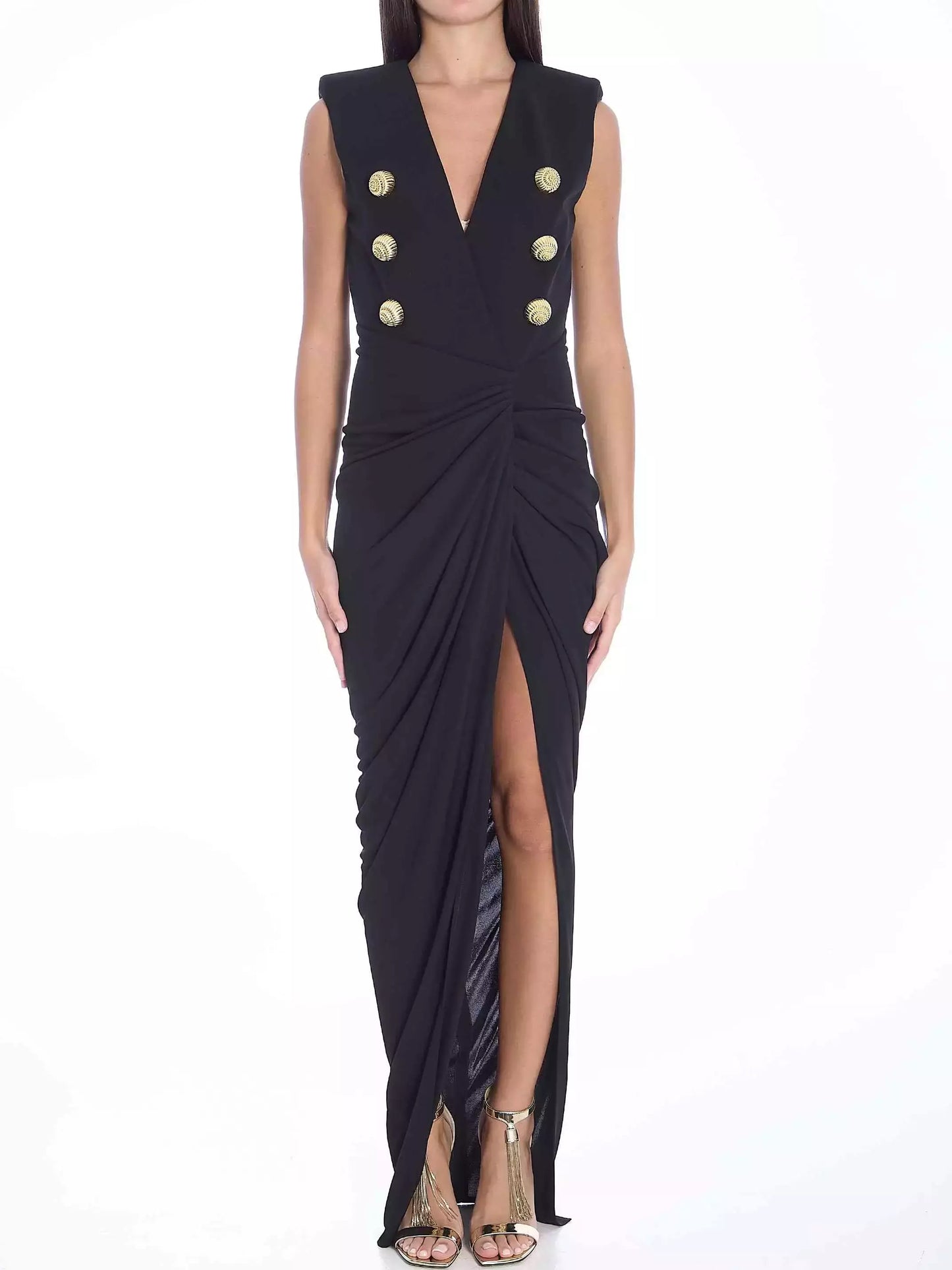 Black Tailored Ruched Long Dress - Dresses