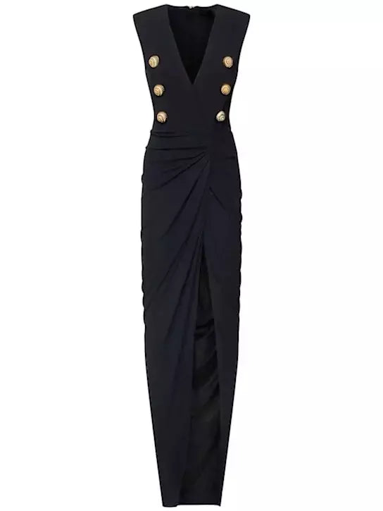 Black Tailored Ruched Long Dress - Dresses
