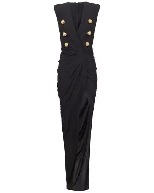 Black Tailored Ruched Long Dress - Dresses