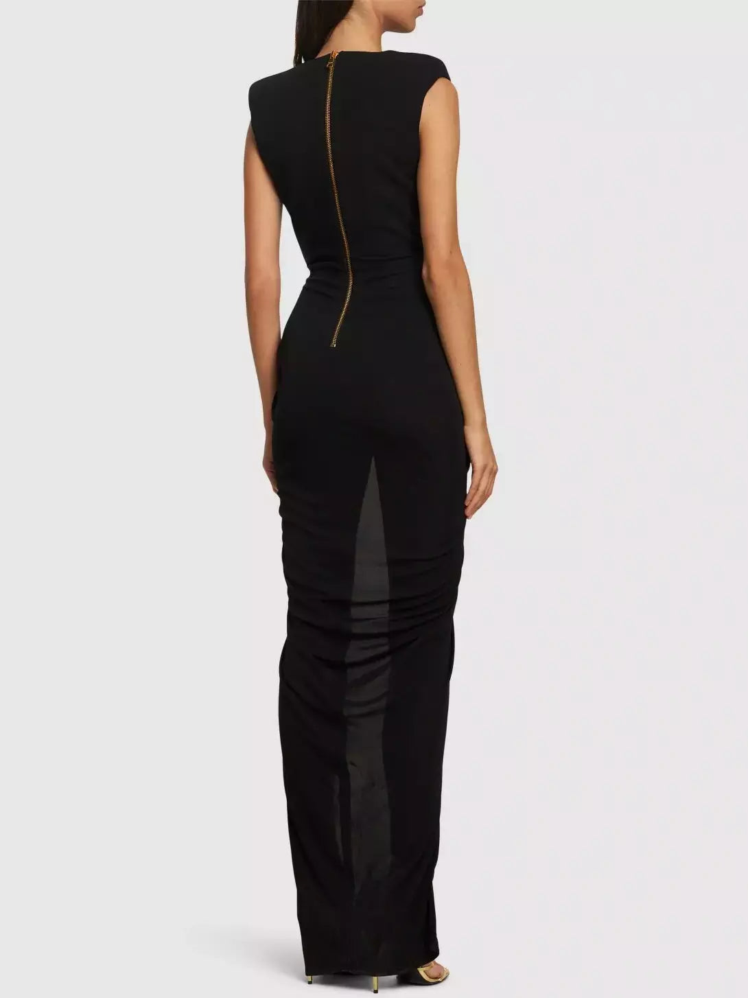 Black Tailored Ruched Long Dress - Dresses