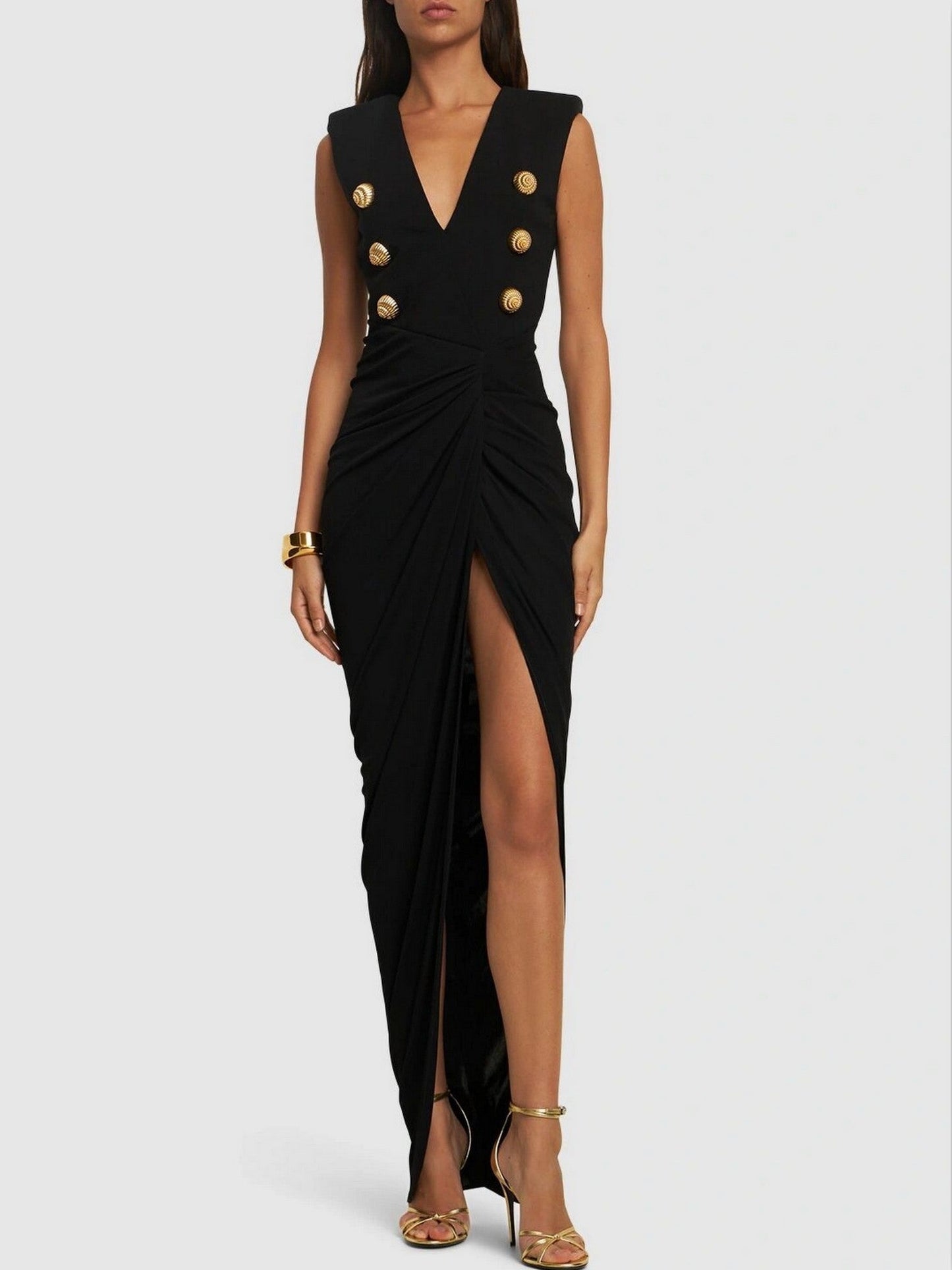 Black Tailored Ruched Long Dress - Dresses