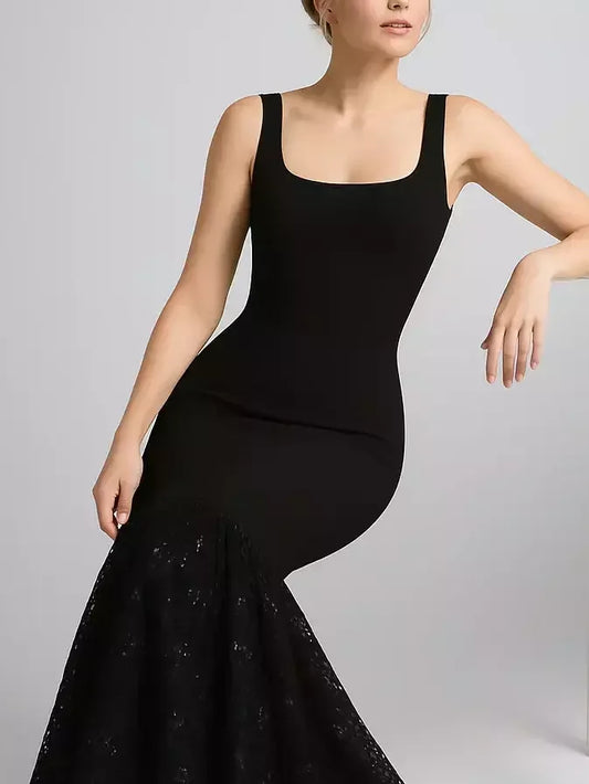 Black Tank-Style Bodycon Dress with Fishtail Hem - Dresses