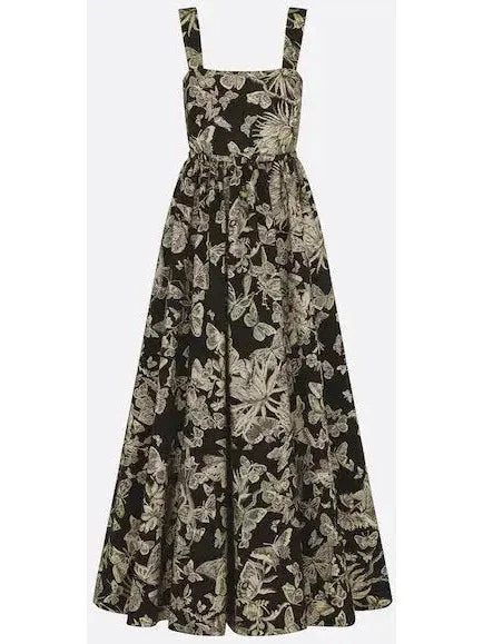 Black Technical Jacquard with Gold-Tone Allover Butterfly Motif Belted Dress - small - Dresses