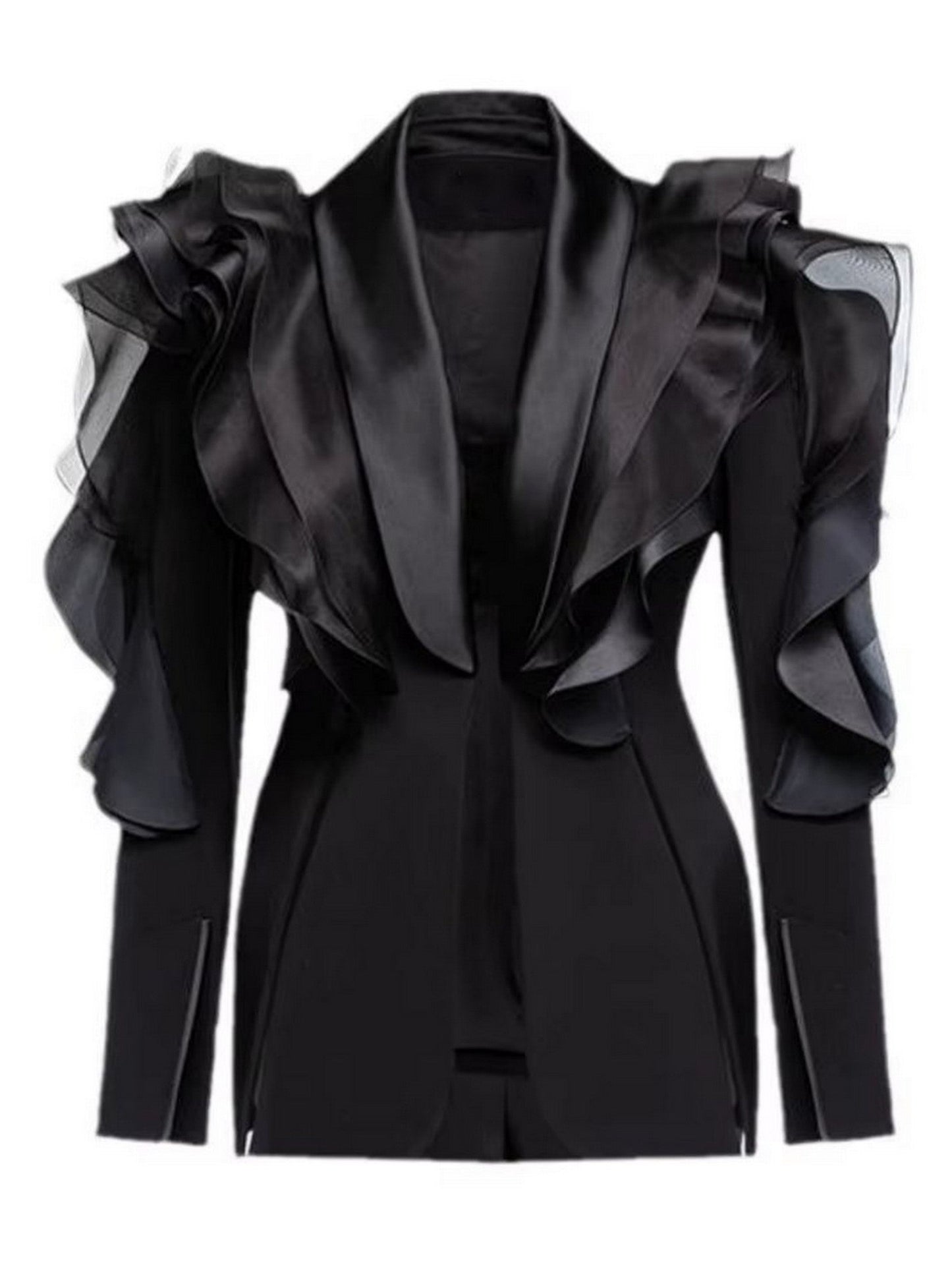 Black Tiered Ruffled Tuxedo Jacket with stylish ruffled blazer and coordinating pants