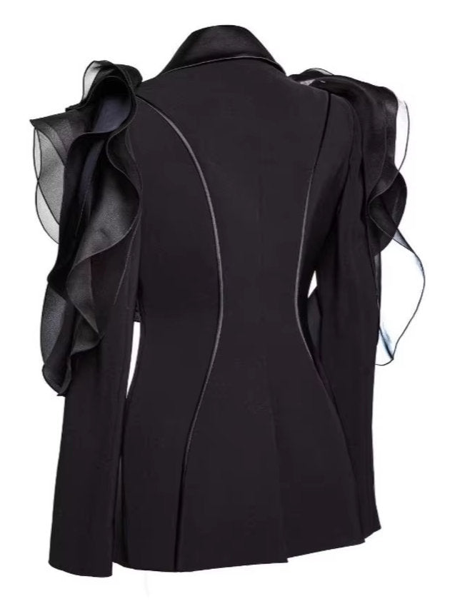 Black Tiered Ruffled Tuxedo Jacket featuring stylish ruffled sleeves for a chic look