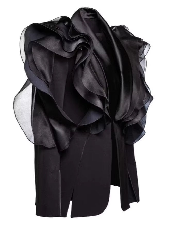 Black Tiered Ruffled Tuxedo Jacket showcasing elegant ruffles and stylish design
