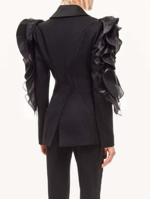 Black Tiered Ruffled Tuxedo Jacket featuring elegant ruffled sleeves for a stylish look