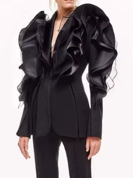 Black tiered ruffled tuxedo jacket and pants set for stylish, sophisticated outfits