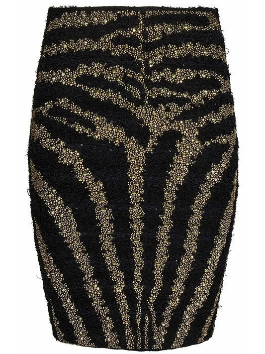 Black Tweed Skirt with Embroidered Gold-Toned Studs Zebra Motif - Skirts