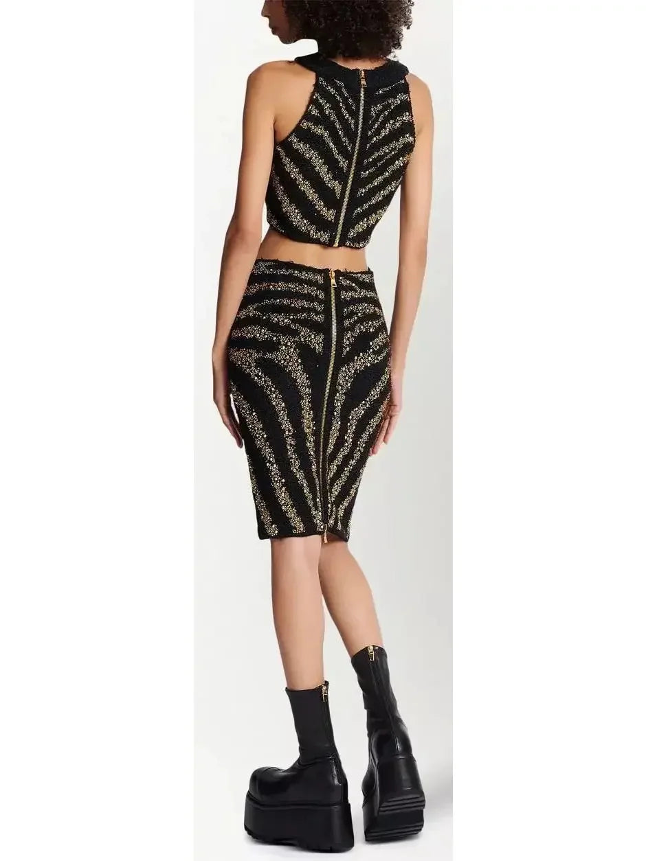 Black Tweed Skirt with Embroidered Gold-Toned Studs Zebra Motif - Skirts