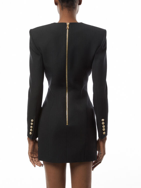 Black V-Neck Mini Dress with Gold Embossed Buttons - Dresses