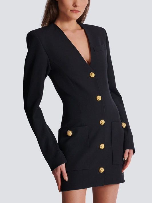 Black V-Neck Mini Dress with Gold Embossed Buttons - Dresses