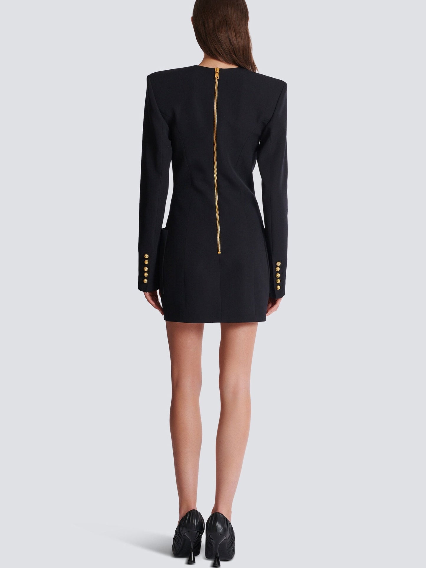 Black V-Neck Mini Dress with Gold Embossed Buttons - Dresses