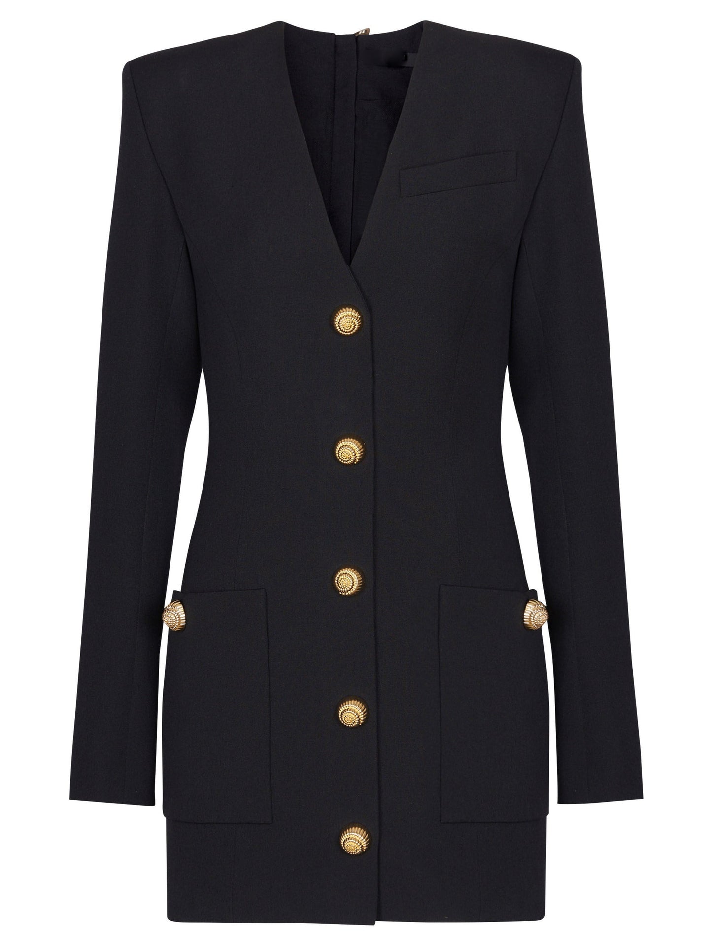 Black V-Neck Mini Dress with Gold Embossed Buttons - Dresses