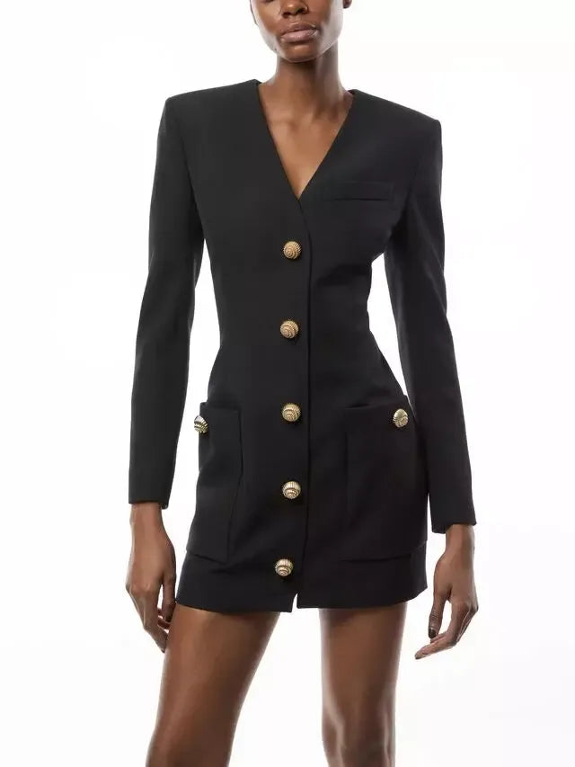Black V-Neck Mini Dress with Gold Embossed Buttons - Dresses