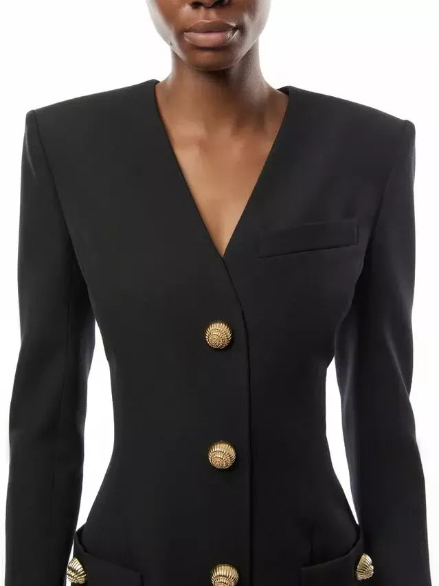 Black V-Neck Mini Dress with Gold Embossed Buttons - Dresses