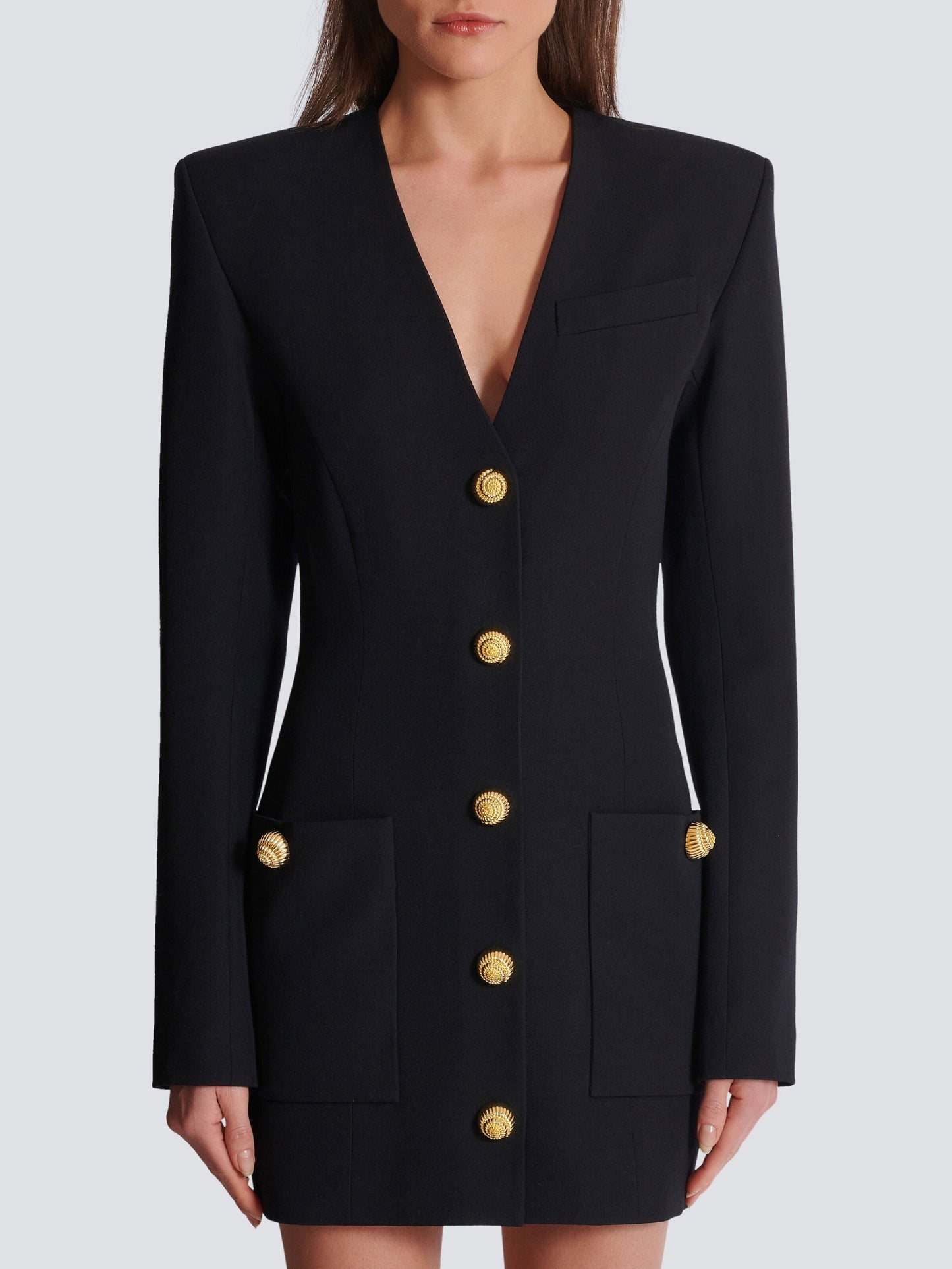 Black V-Neck Mini Dress with Gold Embossed Buttons - Dresses