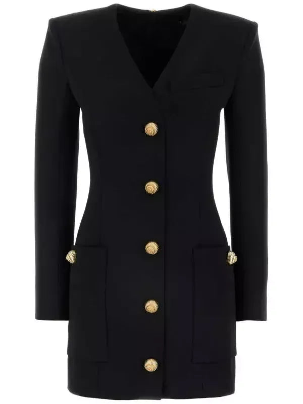 Black V-Neck Mini Dress with Gold Embossed Buttons - Dresses