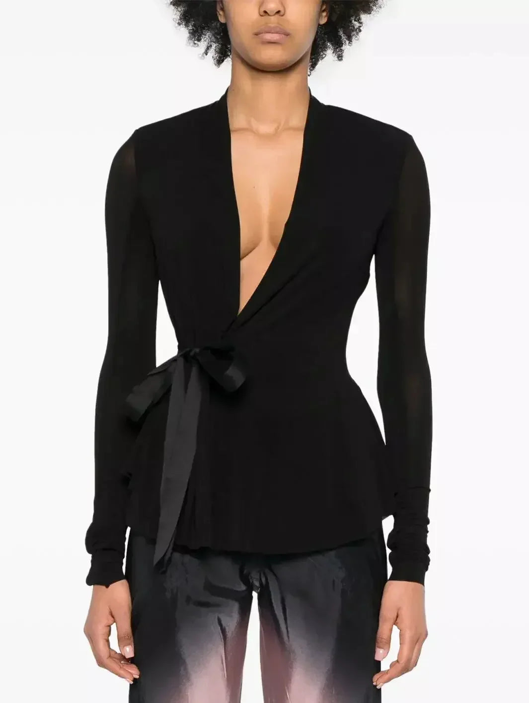 Black V-Neck Stretch Cardigan Jacket with Side Tie - Sweaters & Knitwear