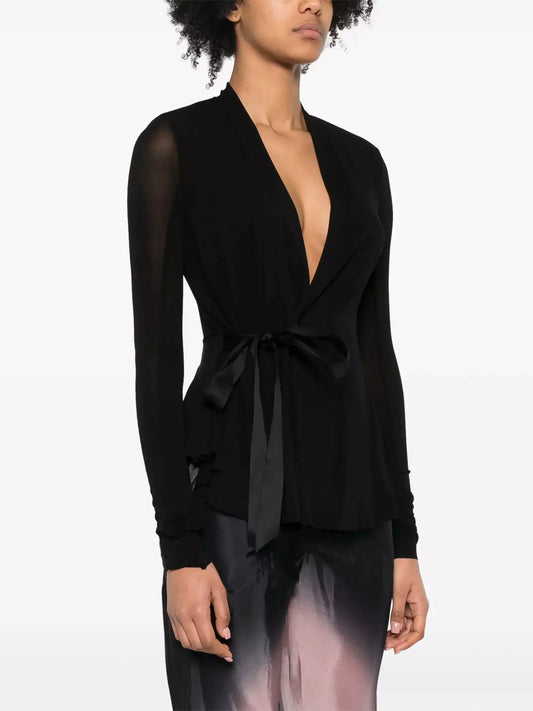 Black V-Neck Stretch Cardigan Jacket with Side Tie - Sweaters & Knitwear