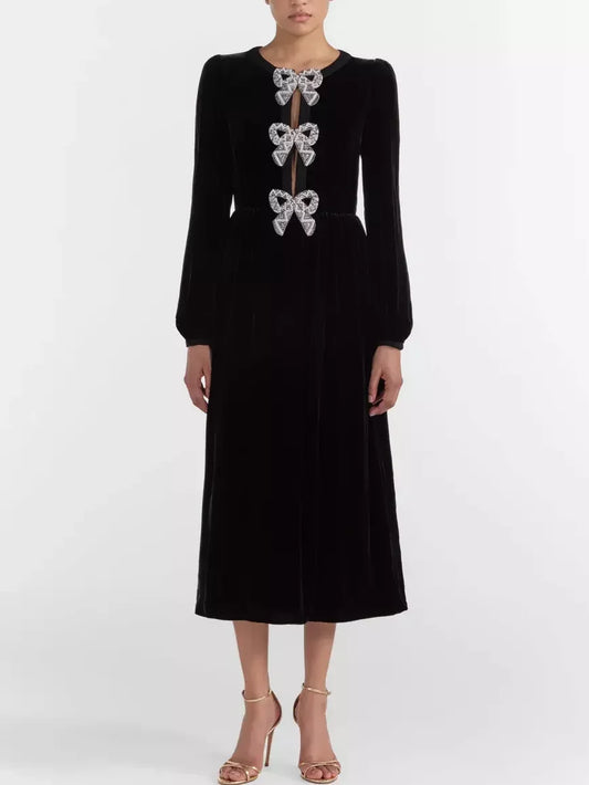 Black Velvet Bow-Embellished Midi Dress featuring jeweled bows for elegant style