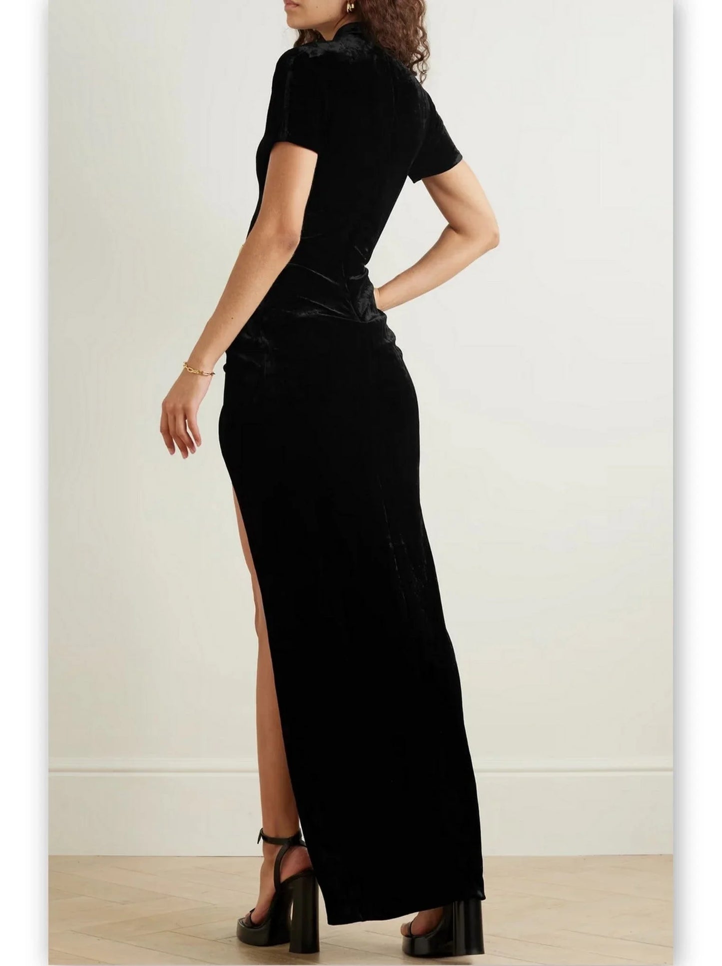 Black Velvet Button-Embellished Dress - Dresses
