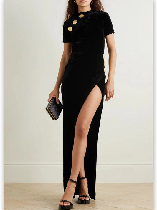 Black Velvet Button-Embellished Dress - Dresses