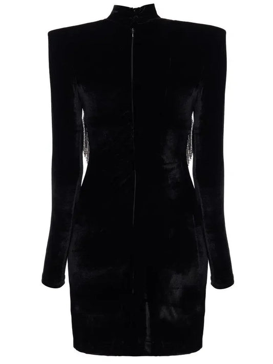 Black Velvet Crystal-Embellished Mini Dress - Dresses