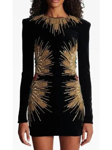 Black Velvet Dress with Pearl and Sequin Embroidery - Dresses
